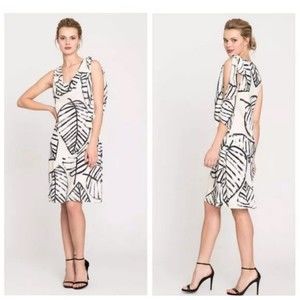 Nic+Zoe Beige Etched Leaves Printed Cowl Neck Tie Dress Size 6